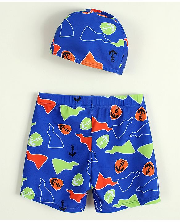 Babyhug Nautical Theme Printed Swimming Trunk with Cap - Blue