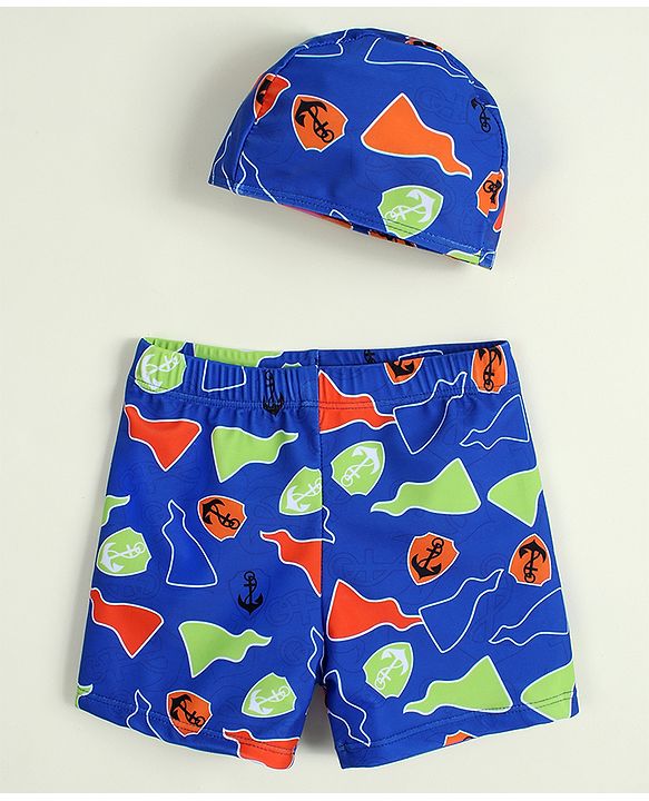 Babyhug Nautical Theme Printed Swimming Trunk with Cap - Blue