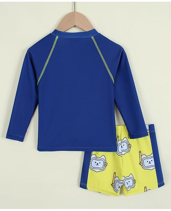 Babyhug Full Raglan Sleeves  Two Piece Printed Swimsuit -  Navy Blue