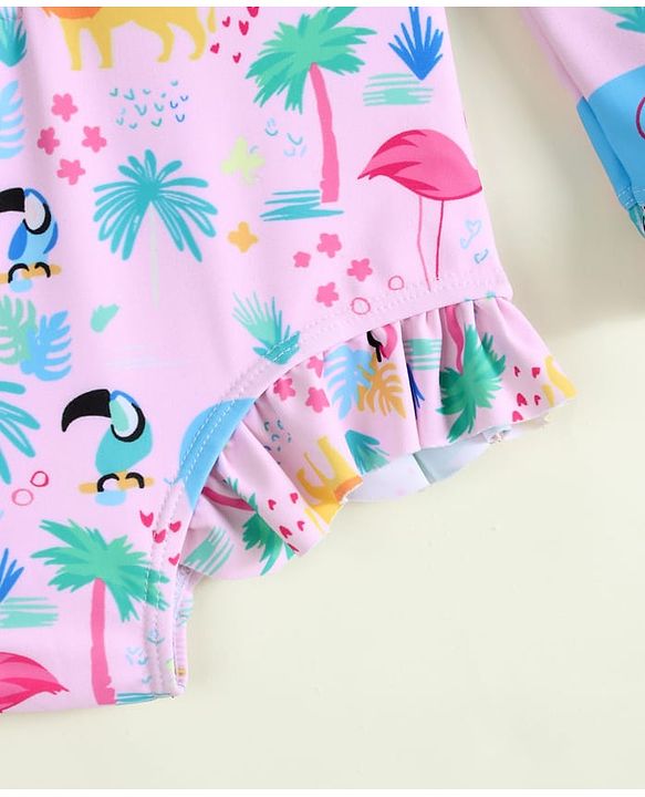 Babyhug Full Raglan Sleeves Animal Printed V Cut Swimsuit with Hairband - Pink