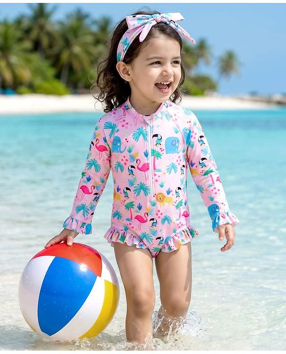Babyhug Full Raglan Sleeves Animal Printed V Cut Swimsuit with Hairband - Pink