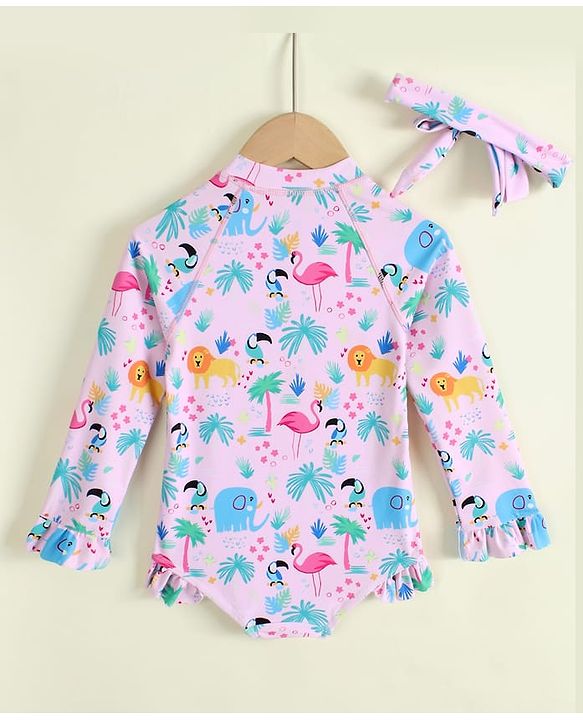 Babyhug Full Raglan Sleeves Animal Printed V Cut Swimsuit with Hairband - Pink