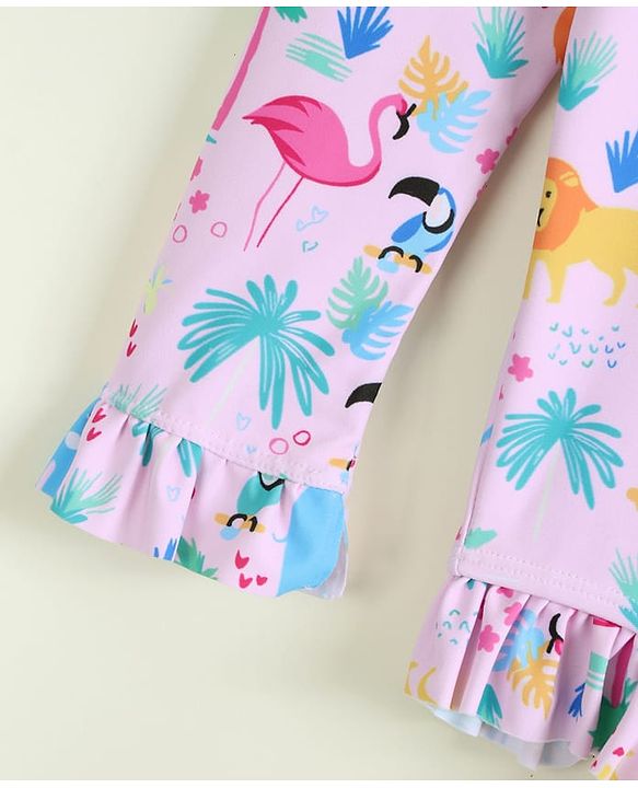 Babyhug Full Raglan Sleeves Animal Printed V Cut Swimsuit with Hairband - Pink