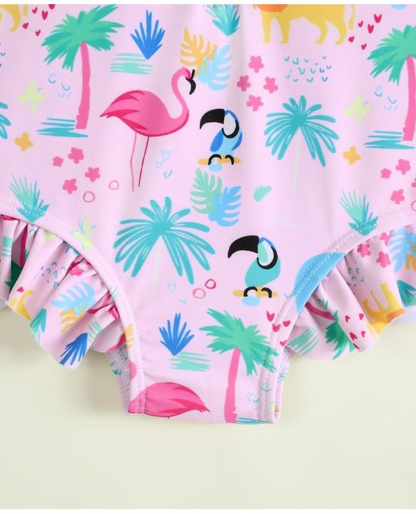Babyhug Full Raglan Sleeves Animal Printed V Cut Swimsuit with Hairband - Pink
