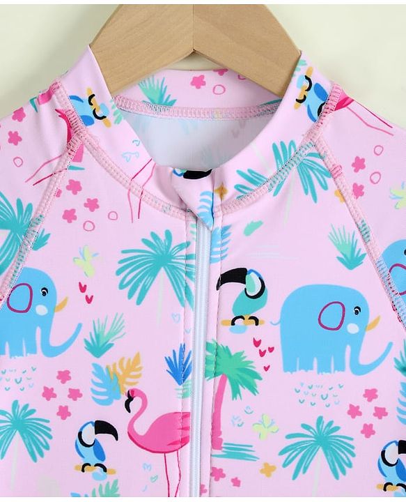 Babyhug Full Raglan Sleeves Animal Printed V Cut Swimsuit with Hairband - Pink