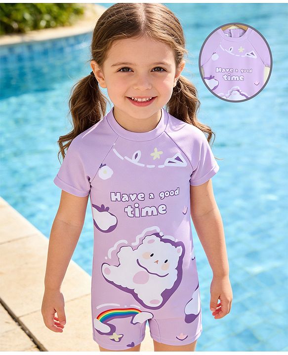 Babyhug Half Raglan Sleeves  Legged Swimsuit with Rainbow & Cloud Print - Lilac
