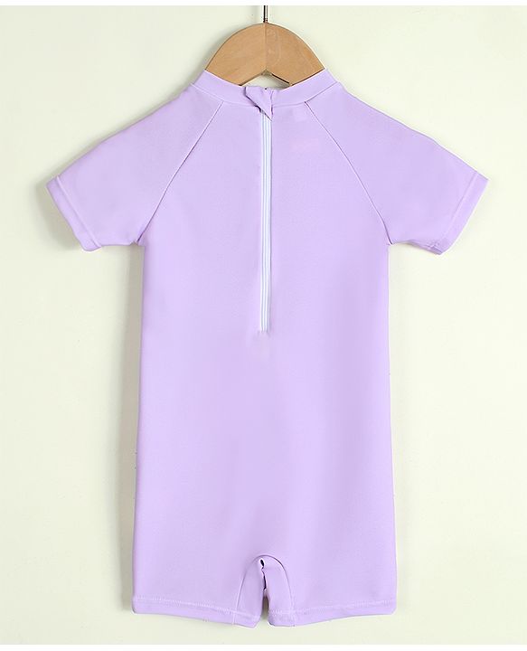 Babyhug Half Raglan Sleeves  Legged Swimsuit with Rainbow & Cloud Print - Lilac
