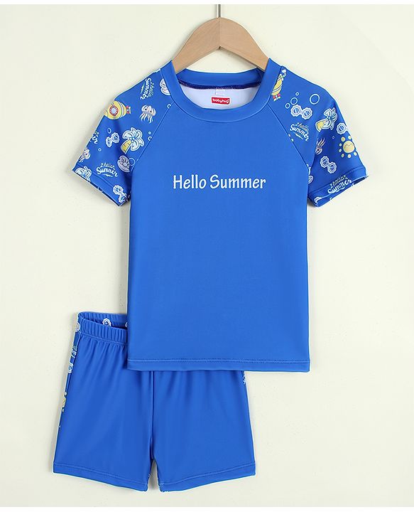 Babyhug Half Raglan Sleeves Sea Life Theme & Text Printed Two Piece Swimsuit - Blue