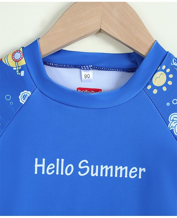 Babyhug Half Raglan Sleeves Sea Life Theme & Text Printed Two Piece Swimsuit - Blue