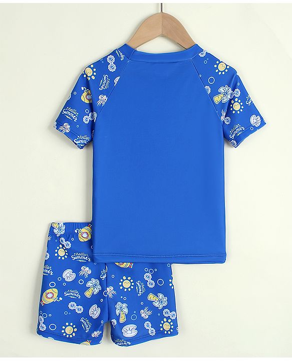 Babyhug Half Raglan Sleeves Sea Life Theme & Text Printed Two Piece Swimsuit - Blue
