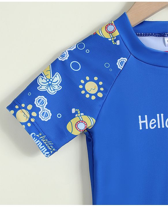 Babyhug Half Raglan Sleeves Sea Life Theme & Text Printed Two Piece Swimsuit - Blue