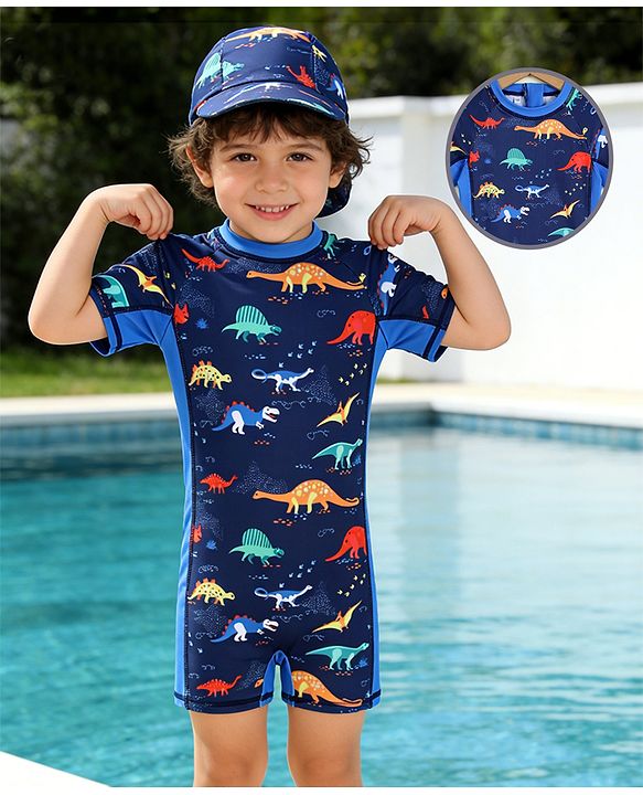 Babyhug Raglan Half Sleeves Dino Printed Legged Swimsuit -Navy Blue