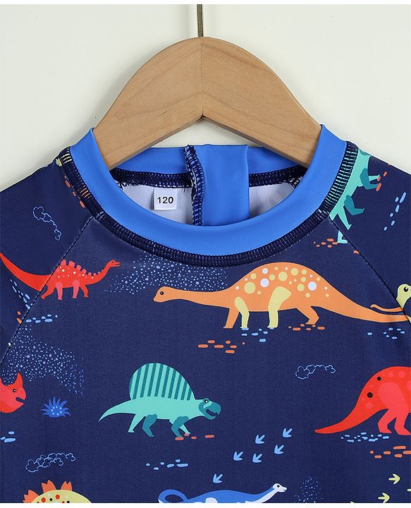 Babyhug Raglan Half Sleeves Dino Printed Legged Swimsuit -Navy Blue