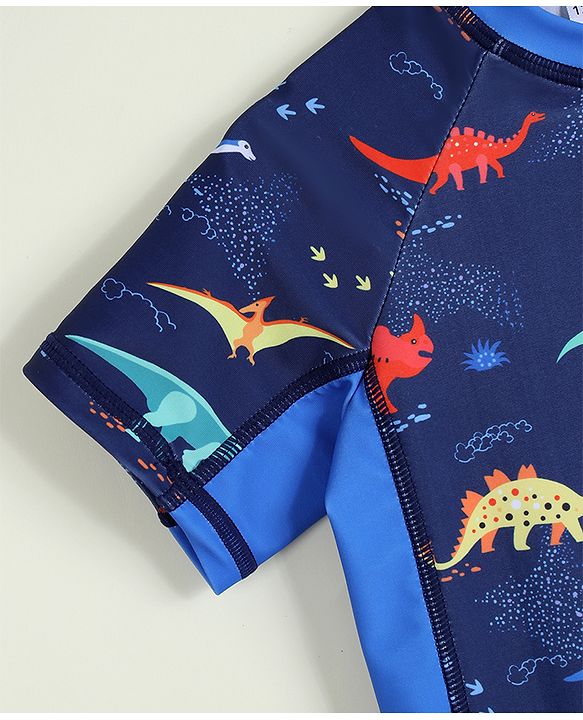 Babyhug Raglan Half Sleeves Dino Printed Legged Swimsuit -Navy Blue
