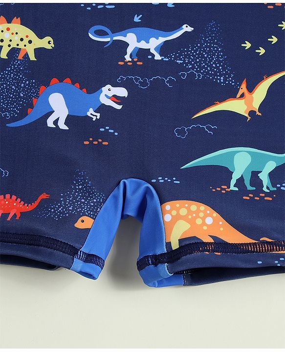 Babyhug Raglan Half Sleeves Dino Printed Legged Swimsuit -Navy Blue