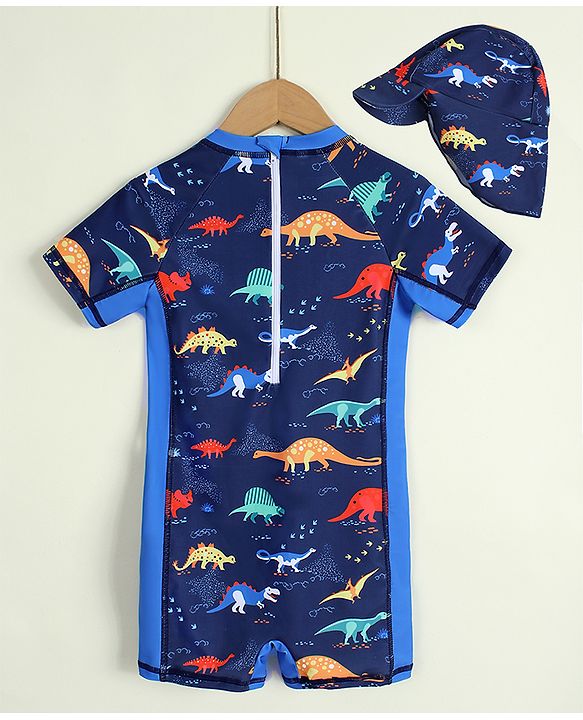 Babyhug Raglan Half Sleeves Dino Printed Legged Swimsuit -Navy Blue