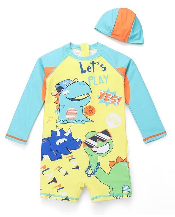 Babyhug Full Raglan Sleeves Dino Printed Legged Swimsuit - Yellow & Sea Green