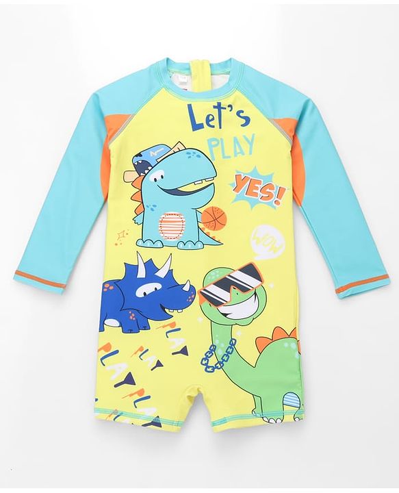 Babyhug Full Raglan Sleeves Dino Printed Legged Swimsuit - Yellow & Sea Green