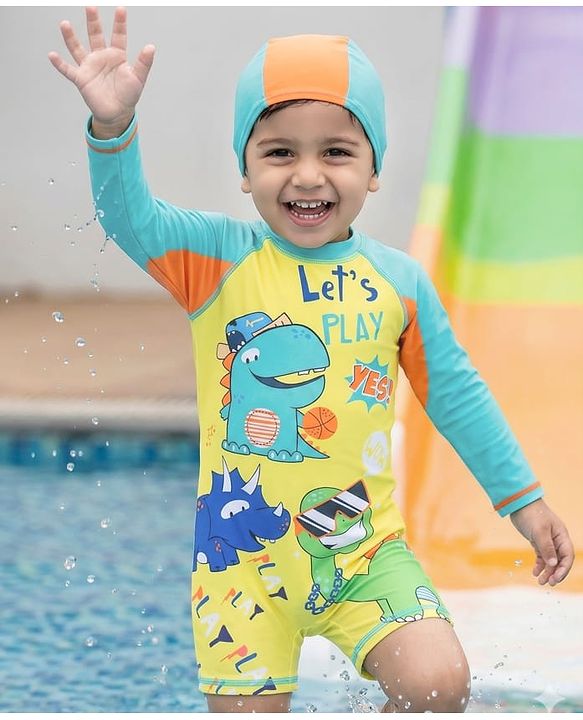 Babyhug Full Raglan Sleeves Dino Printed Legged Swimsuit - Yellow & Sea Green