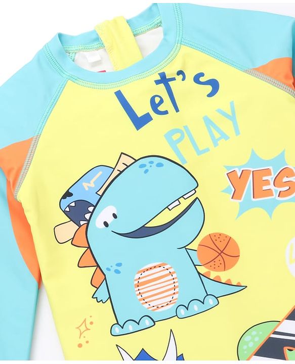 Babyhug Full Raglan Sleeves Dino Printed Legged Swimsuit - Yellow & Sea Green