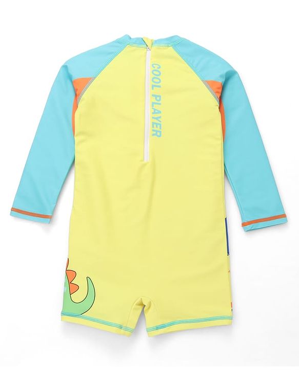 Babyhug Full Raglan Sleeves Dino Printed Legged Swimsuit - Yellow & Sea Green