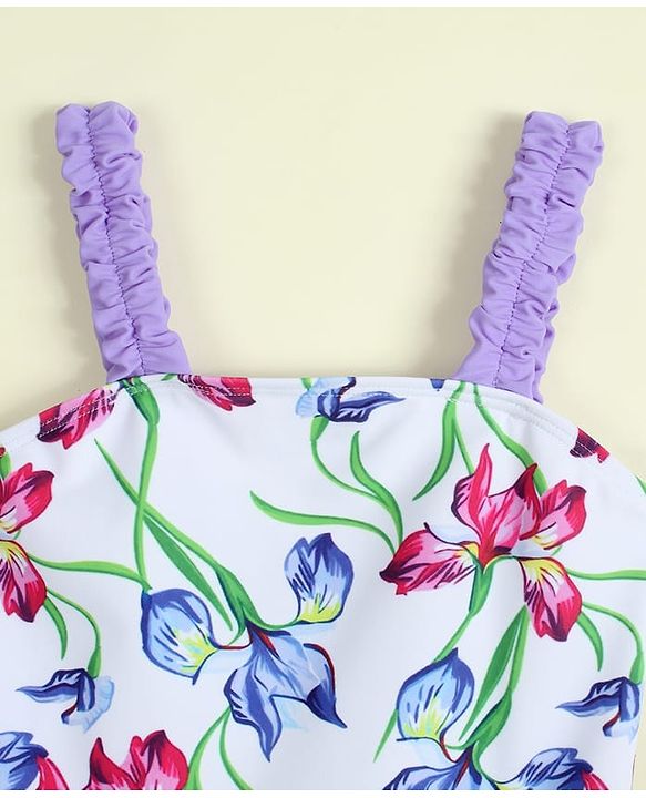 Babyhug Sleeveless V Cut Swimsuit with Floral Print - Light Blue & Purple