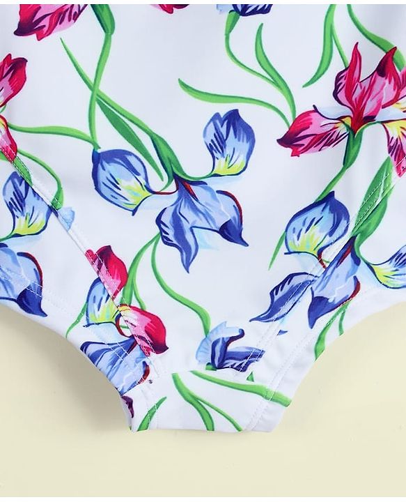 Babyhug Sleeveless V Cut Swimsuit with Floral Print - Light Blue & Purple
