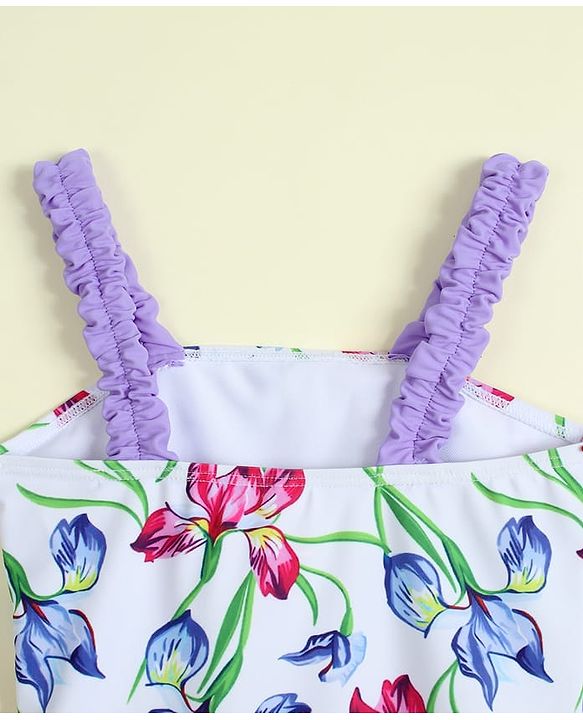 Babyhug Sleeveless V Cut Swimsuit with Floral Print - Light Blue & Purple