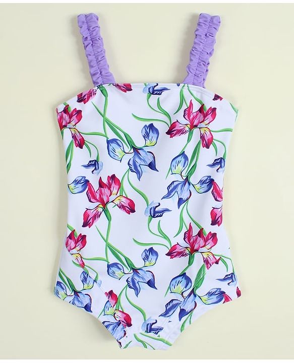 Babyhug Sleeveless V Cut Swimsuit with Floral Print - Light Blue & Purple
