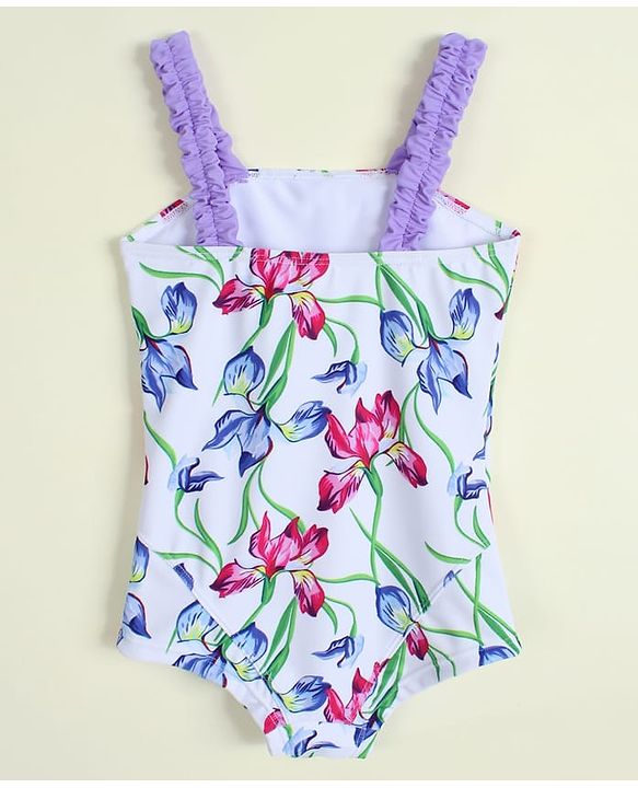 Babyhug Sleeveless V Cut Swimsuit with Floral Print - Light Blue & Purple