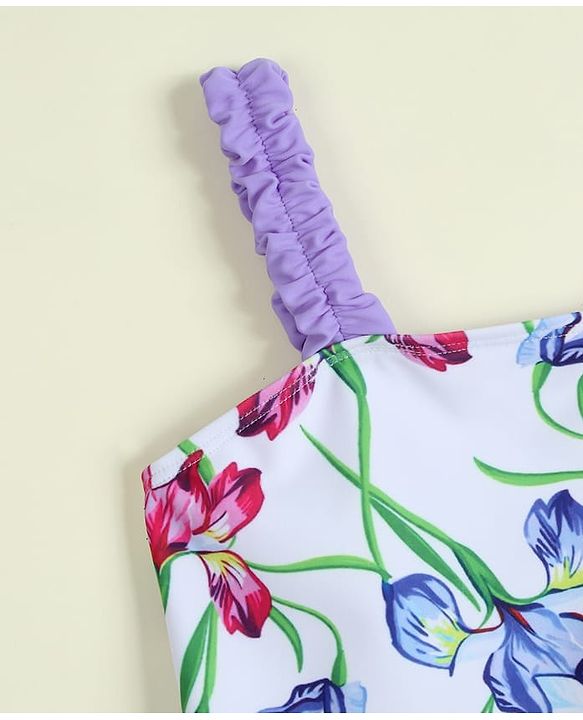 Babyhug Sleeveless V Cut Swimsuit with Floral Print - Light Blue & Purple