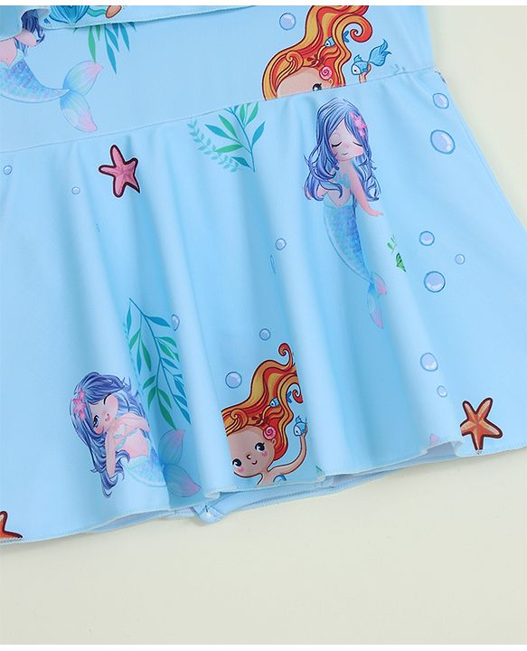 Babyhug Sleeveless Mermaid Printed Frock Swimsuit - Light Blue