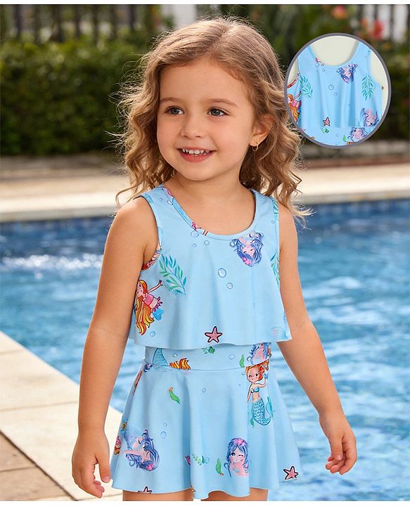 Babyhug Sleeveless Mermaid Printed Frock Swimsuit - Light Blue