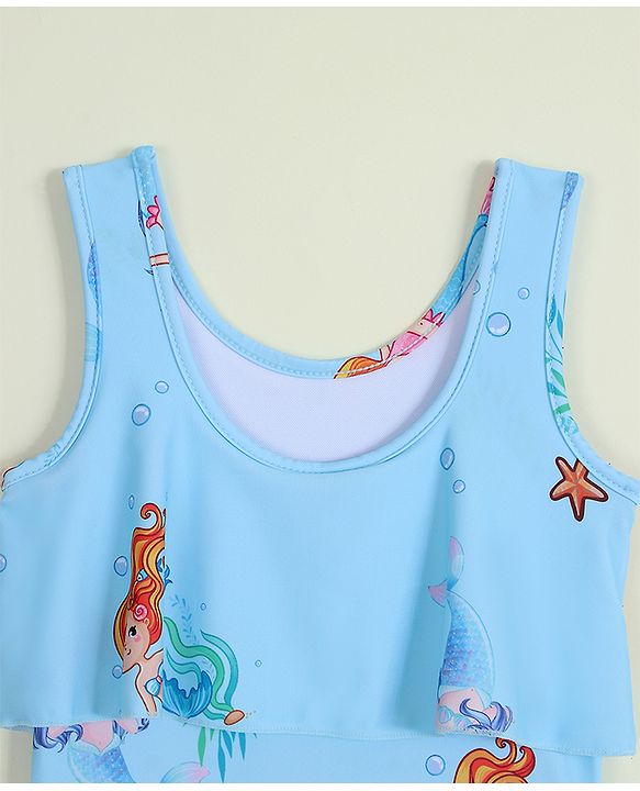 Babyhug Sleeveless Mermaid Printed Frock Swimsuit - Light Blue