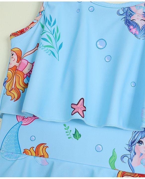 Babyhug Sleeveless Mermaid Printed Frock Swimsuit - Light Blue