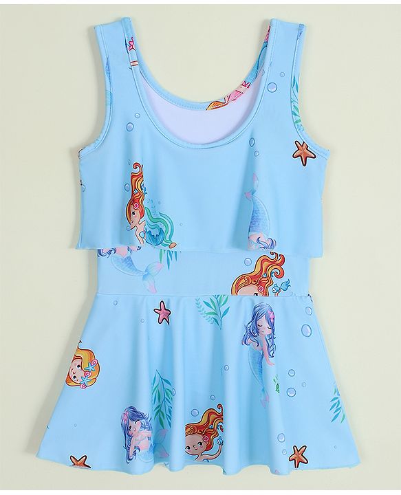 Babyhug Sleeveless Mermaid Printed Frock Swimsuit - Light Blue