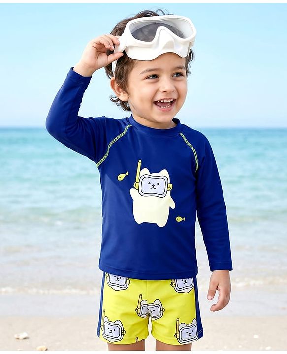 Babyhug Full Raglan Sleeves  Two Piece Printed Swimsuit -  Navy Blue