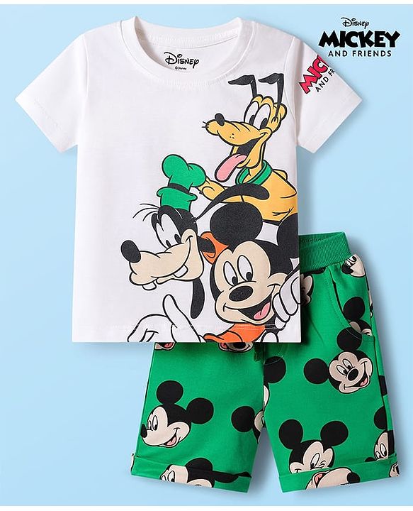 Babyhug Disney Single Jersey Knit Half Sleeves T-Shirt & Shorts Set with Mickey & Friends Graphic - Green & White