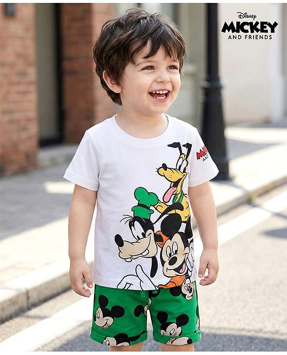 Babyhug Disney Single Jersey Knit Half Sleeves T-Shirt & Shorts Set with Mickey & Friends Graphic - Green & White