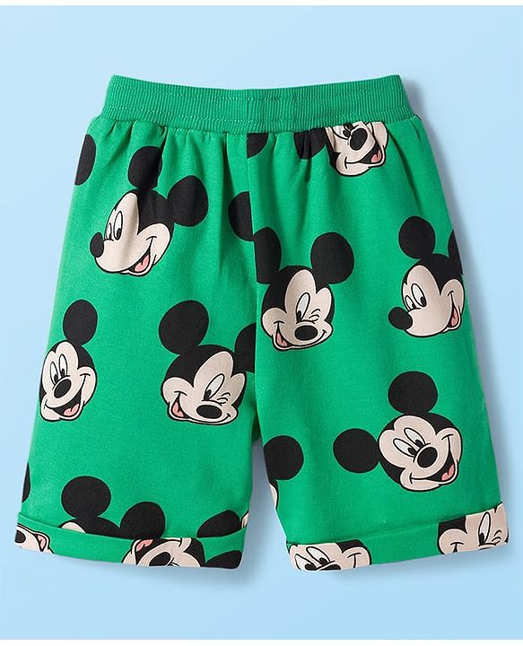 Babyhug Disney Single Jersey Knit Half Sleeves T-Shirt & Shorts Set with Mickey & Friends Graphic - Green & White