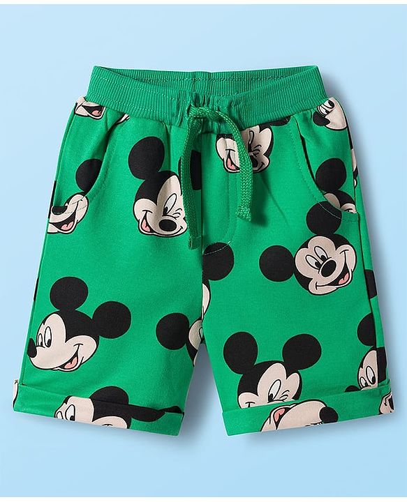 Babyhug Disney Single Jersey Knit Half Sleeves T-Shirt & Shorts Set with Mickey & Friends Graphic - Green & White