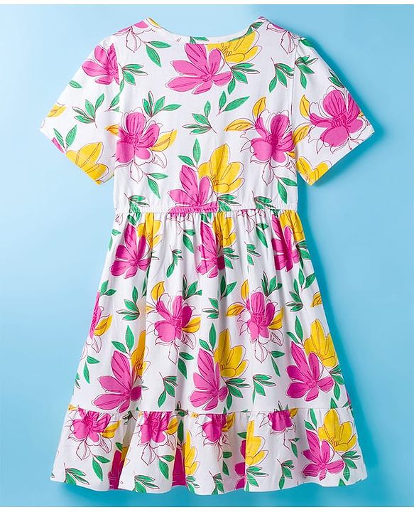 Pine Kids Cotton Knit Half Sleeves Frock With Floral Print - White