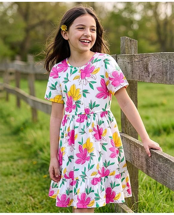 Pine Kids Cotton Knit Half Sleeves Frock With Floral Print - White
