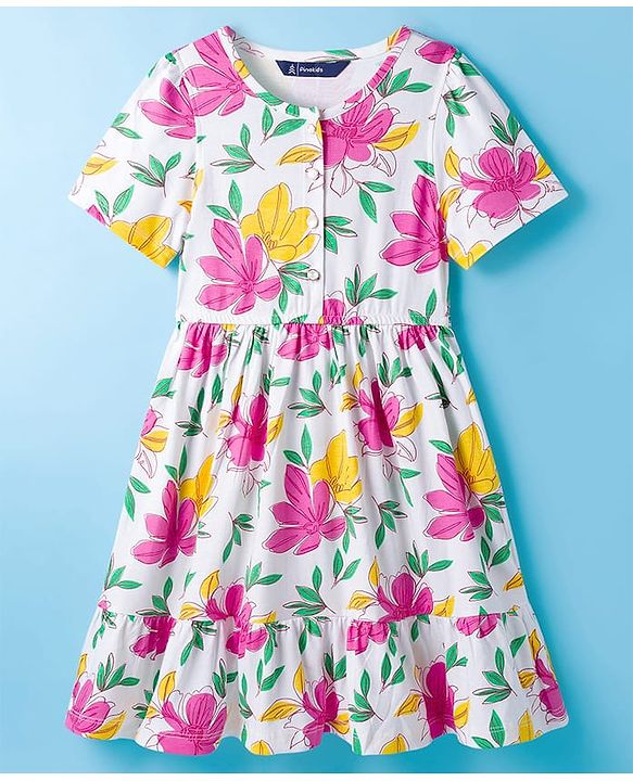 Pine Kids Cotton Knit Half Sleeves Frock With Floral Print - White