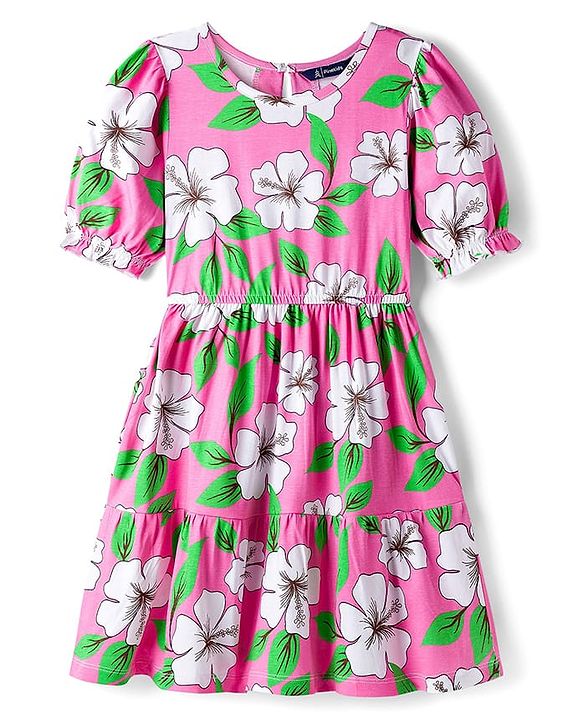 Pine Kids Cotton Knit Half Sleeves Frock With Floral Print - Pink