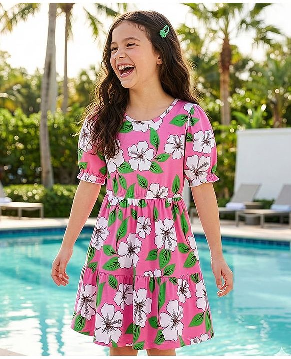 Pine Kids Cotton Knit Half Sleeves Frock With Floral Print - Pink