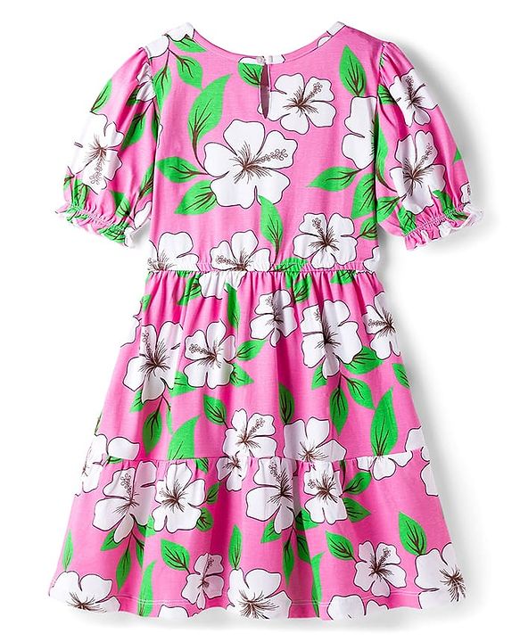 Pine Kids Cotton Knit Half Sleeves Frock With Floral Print - Pink