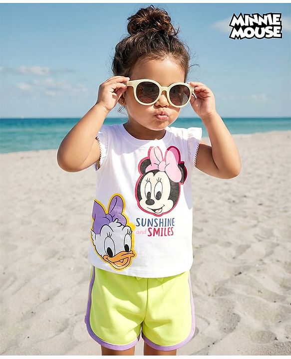 Babyhug Disney Single Jersey Knit Half Frill Sleeves T-Shirt & Shorts Set With Minnie & Friends Graphics - White & Green