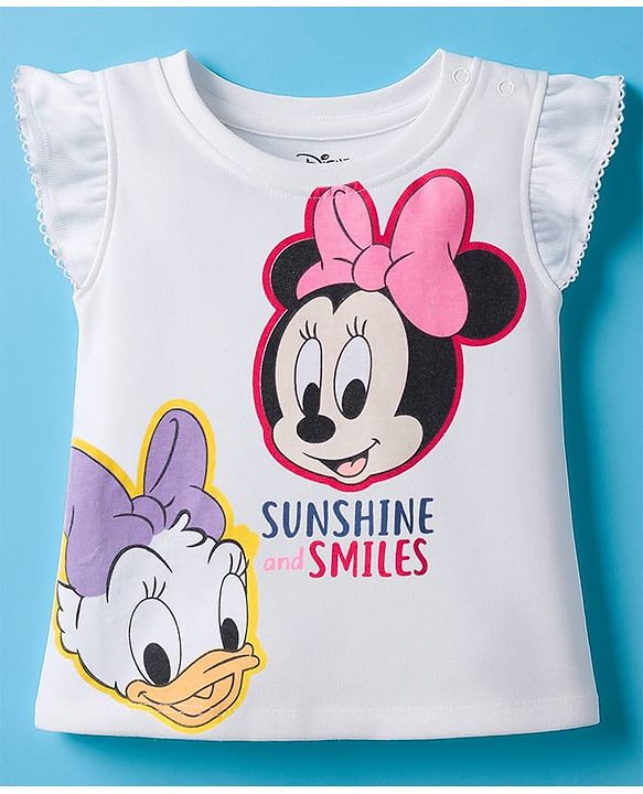 Babyhug Disney Single Jersey Knit Half Frill Sleeves T-Shirt & Shorts Set With Minnie & Friends Graphics - White & Green