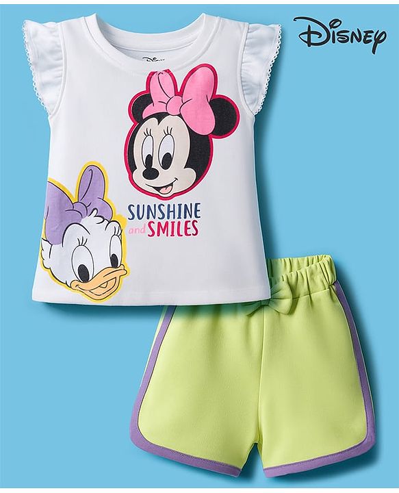 Babyhug Disney Single Jersey Knit Half Frill Sleeves T-Shirt & Shorts Set With Minnie & Friends Graphics - White & Green